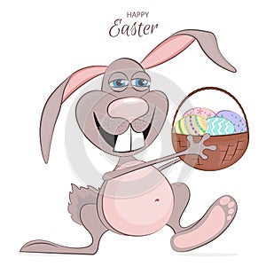 Vector Happy Easter Bunny Rabbit Cartoon Character Is Holding A Basket With Colorful Easter Eggs