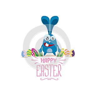 Vector happy easter greeting card with color eggs, funny easter bunny and hand drawn text isolated on white background
