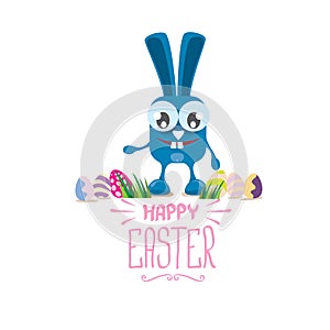 Vector happy easter greeting card with color eggs, funny easter bunny and hand drawn text isolated on white background