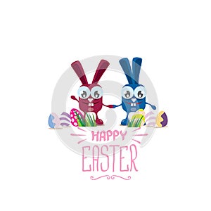 Vector happy easter greeting card with color eggs, funny easter bunny and hand drawn text isolated on white background