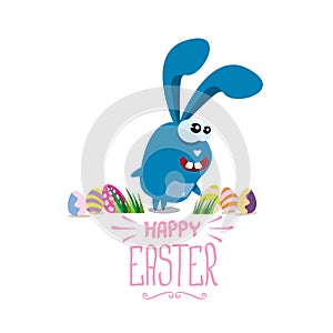 Vector happy easter greeting card with color eggs, funny easter bunny and hand drawn text isolated on white background