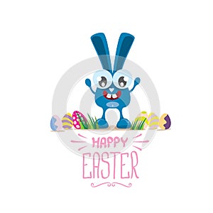 Vector happy easter greeting card with color eggs, funny easter bunny and hand drawn text isolated on white background