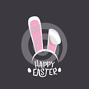 Vector happy easter greeting card with white easter bunny funky mask with rabbit ears and easter text isolated on grey