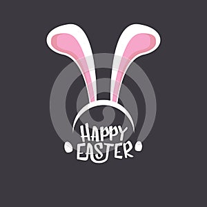 Vector happy easter greeting card with white easter bunny funky mask with rabbit ears and easter text isolated on grey