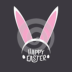 Vector happy easter greeting card with white easter bunny funky mask with rabbit ears and easter text isolated on grey