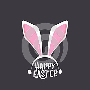 Vector happy easter greeting card with white easter bunny funky mask with rabbit ears and easter text isolated on grey