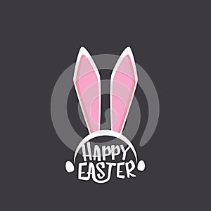 Vector happy easter greeting card with white easter bunny funky mask with rabbit ears and easter text isolated on grey