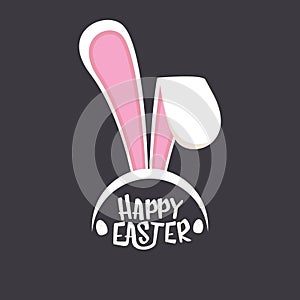 Vector happy easter greeting card with white easter bunny funky mask with rabbit ears and easter text isolated on grey