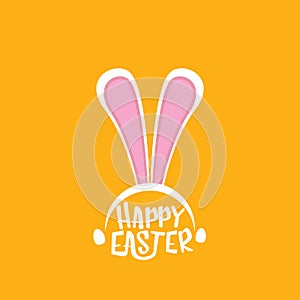 Vector happy easter greeting card with white easter bunny funky mask with rabbit ears and easter text isolated on orange
