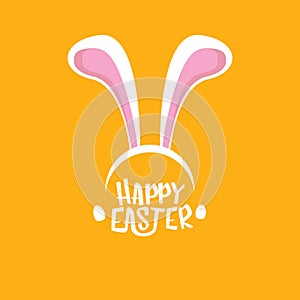 Vector happy easter greeting card with white easter bunny funky mask with rabbit ears and easter text isolated on orange