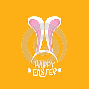 Vector happy easter greeting card with white easter bunny funky mask with rabbit ears and easter text isolated on orange