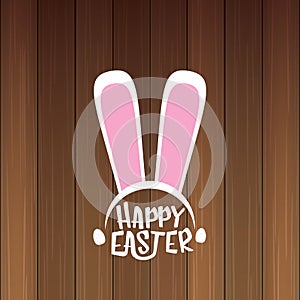 Vector happy easter greeting card with white easter bunny funky mask with rabbit ears and easter text isolated on wooden