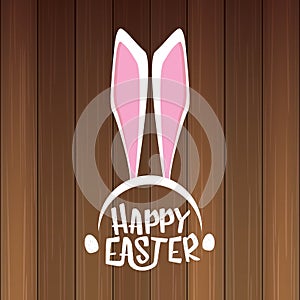 Vector happy easter greeting card with white easter bunny funky mask with rabbit ears and easter text isolated on wooden