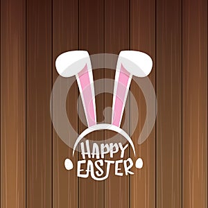 Vector happy easter greeting card with white easter bunny funky mask with rabbit ears and easter text isolated on wooden