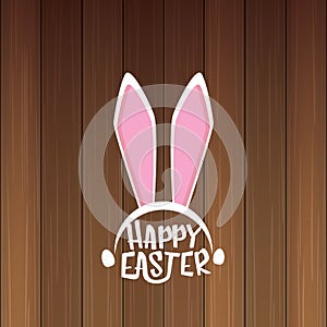 Vector happy easter greeting card with white easter bunny funky mask with rabbit ears and easter text isolated on wooden