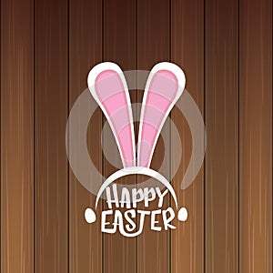 Vector happy easter greeting card with white easter bunny funky mask with rabbit ears and easter text isolated on wooden