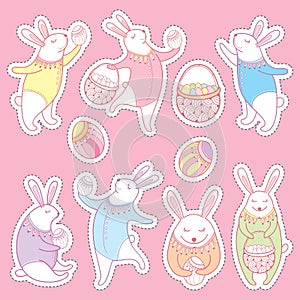 Vector Happy Easter patch badges set. Contour Easter rabbits, egg and basket in pastel colors isolated on pink background.