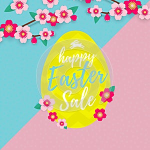 Vector Happy Easter Sale banner with paper cut Easter egg and cherry flowers or apple tree spring blossom design on bright yellow,