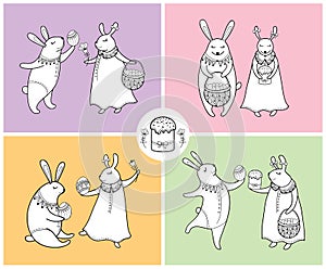 Vector Happy Easter set with outline Easter rabbit couple and traditional Easter symbol in black on pastel background.