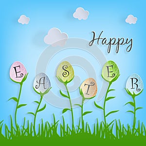 Vector Happy Easter text in easter eggs on nature background for Pascha holiday greeting card.