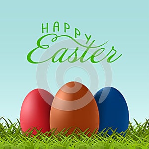 Vector Happy Easter text letterin with Easter eggs on green grass. Template for greeting card, poster, invitation.