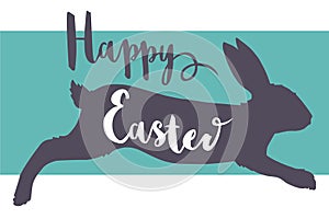 Vector Happy Easter typography font greeting card motive with jumping rabbit silhouette