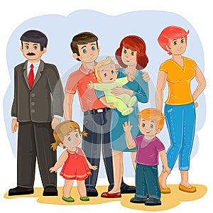 Vector happy family - grandfather, grandmother, dad, mom, daughter, son and baby