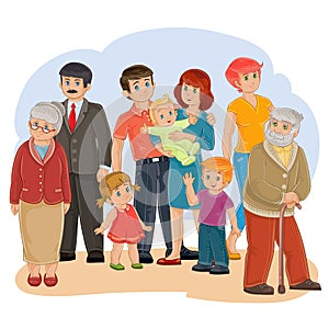 Vector happy family - great-grandfather, great-grandmother, grandfather, grandmother, dad, mom, daughter, son and baby
