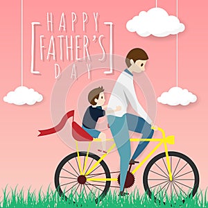 Vector of happy father`s day greeting card. father biking bicycle with his son ride on a pillion, riding in the grass field