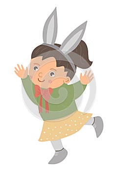 Vector happy girl with bunnyâ€™s ears jumping with joy. Easter funny character and design element.