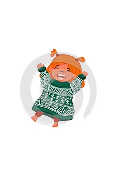 Vector happy girl in green tacky ugly sweater celebrates Christmas holiday.