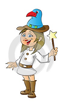 Vector of a happy girl with magic stick on white