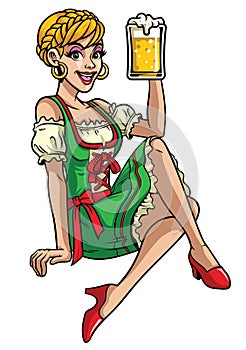 Happy girl of oktoberfest wearing drindl and presenting the beer