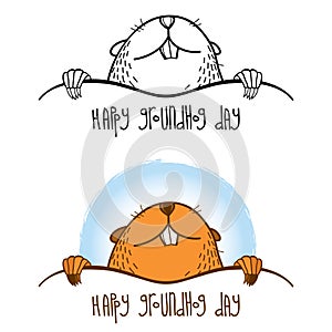 Vector Happy Groundhog day card with outline cute groundhog or marmot or woodchuck in black and brown isolated on white background