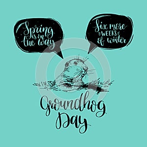 Vector Happy Groundhog Day sketched illustration with hand lettering. February 2 greeting card, poster etc