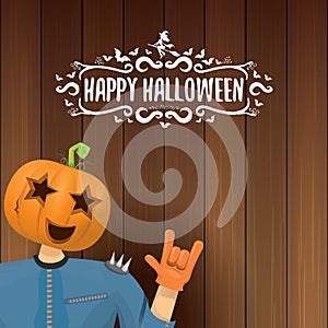 Vector Happy halloween creative hipster party background. man in halloween costume with carved pumpkin head
