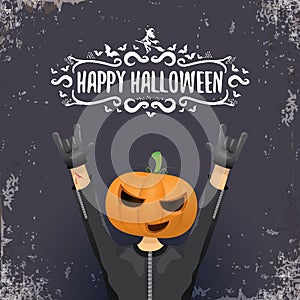 vector Happy Halloween creative hipster party background. man in Halloween costume with carved pumpkin head on grey