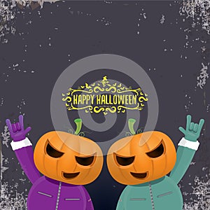 vector Happy Halloween creative hipster party background. man in Halloween costume with carved pumpkin head on grey