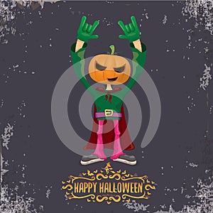 vector Happy Halloween creative hipster party background. man in Halloween costume with carved pumpkin head on grey