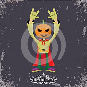 vector Happy Halloween creative hipster party background. man in Halloween costume with carved pumpkin head on grey