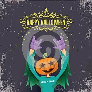 vector Happy Halloween creative hipster party background. man in Halloween costume with carved pumpkin head on grey