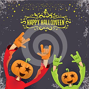 vector Happy Halloween creative hipster party background. man in Halloween costume with carved pumpkin head on grey