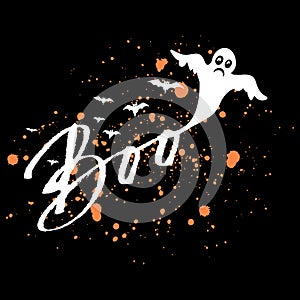 Vector Happy Halloween dark background with orange blood stains, white grungy hand drawn lettering Boo and flying bats