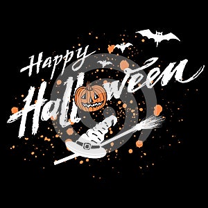 Vector Happy Halloween dark background with orange pumpkin and blood stains, white grungy hand drawn lettering Happy