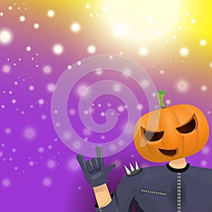 Vector Happy halloween hipster party background. man in halloween costume with carved pumpkin head on violet layout with