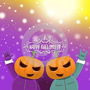 Vector Happy halloween hipster party background. man in halloween costume with carved pumpkin head on violet layout with