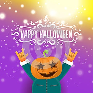 Vector Happy halloween hipster party background. man in halloween costume with carved pumpkin head on violet layout with