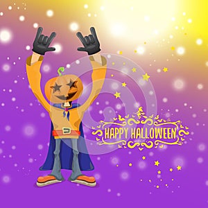 Vector Happy halloween hipster party background. man in halloween costume with carved pumpkin head on violet layout with