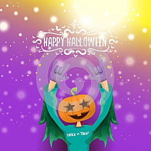 Vector Happy halloween hipster party background. man in halloween costume with carved pumpkin head on violet layout with