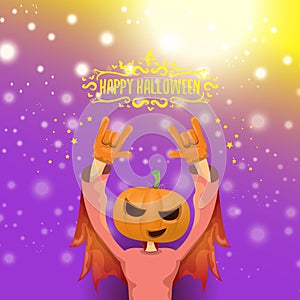 Vector Happy halloween hipster party background. man in halloween costume with carved pumpkin head on violet layout with